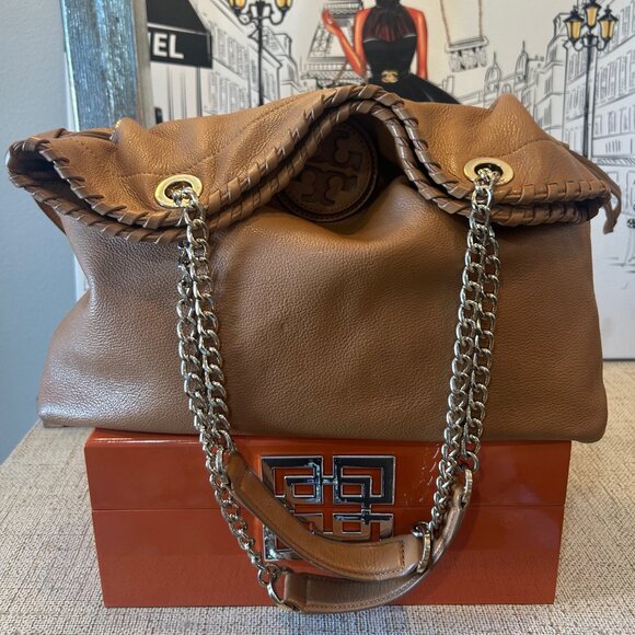 Tory Burch "Marion" Cognac Brown Pebbled Leather Large Slouchy Shopper Tote - Picture 2 of 16